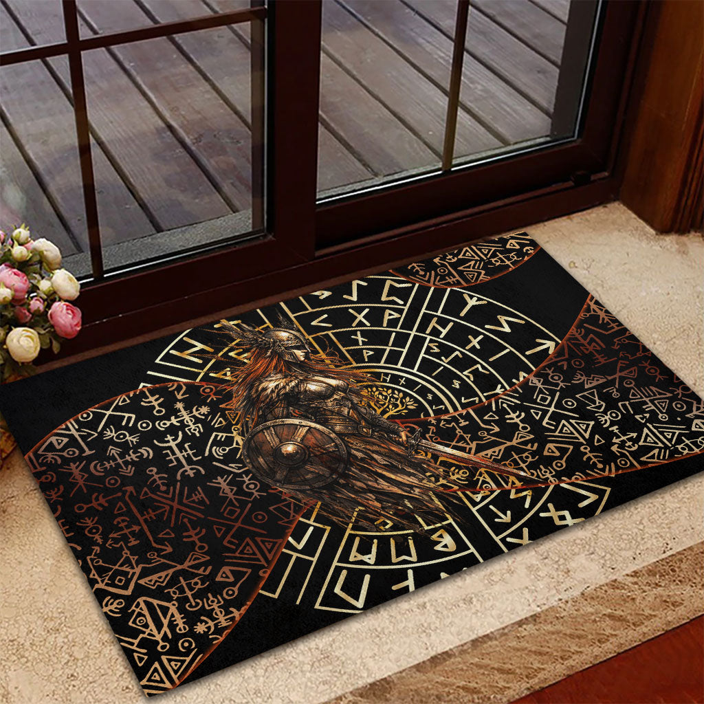 Viking Shieldmaiden and Yggdrasil Rubber Doormat Norse Rune Circle Mythology Illustration