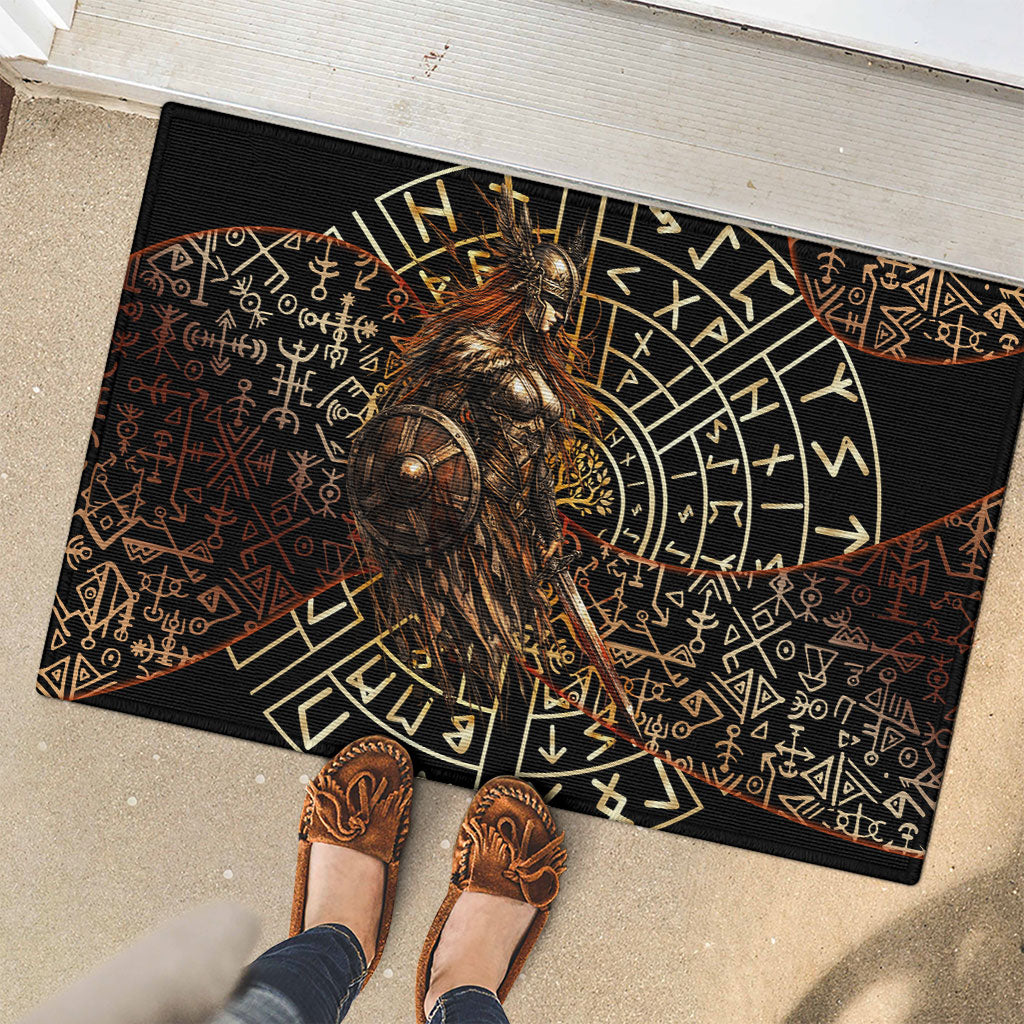 Viking Shieldmaiden and Yggdrasil Rubber Doormat Norse Rune Circle Mythology Illustration