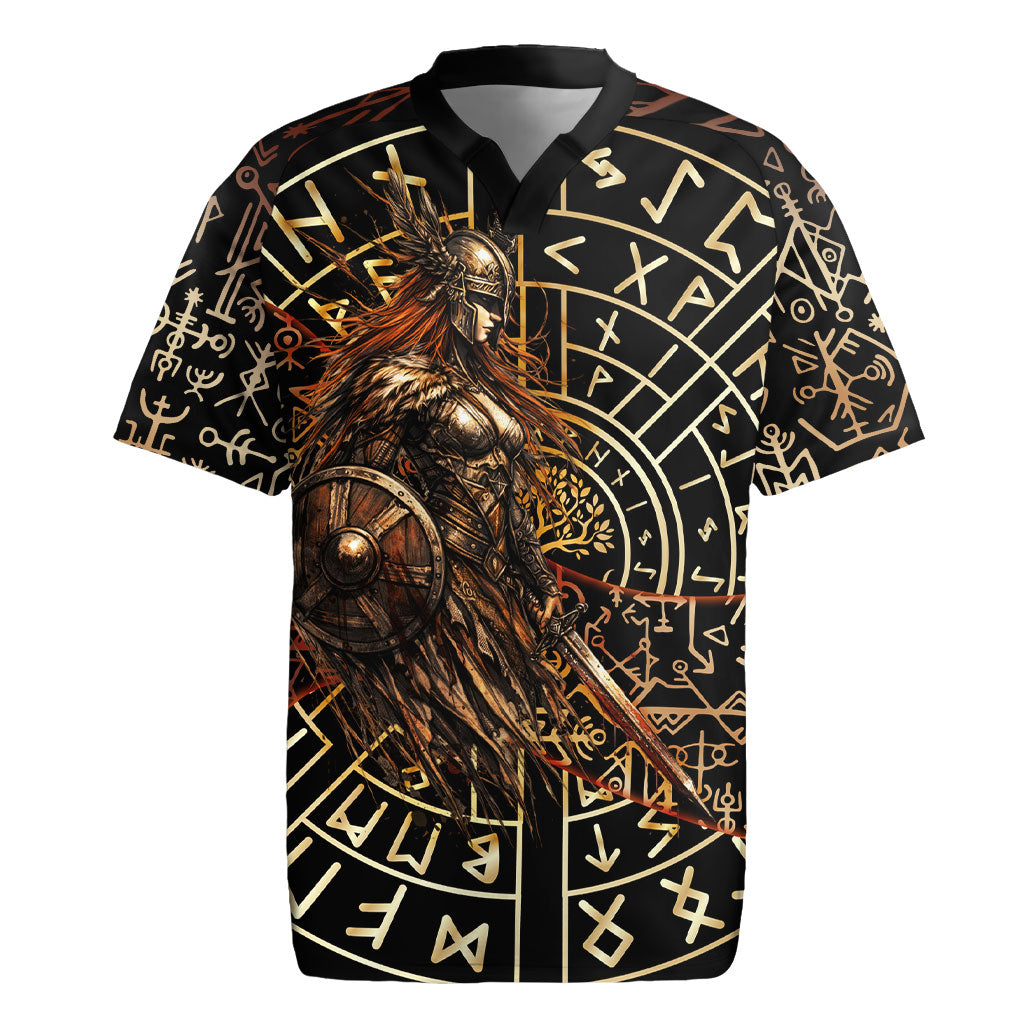 Viking Shieldmaiden and Yggdrasil Rugby Jersey Norse Rune Circle Mythology Illustration
