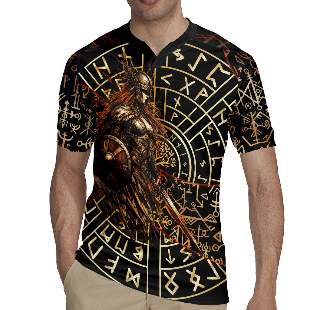 Viking Shieldmaiden and Yggdrasil Rugby Jersey Norse Rune Circle Mythology Illustration