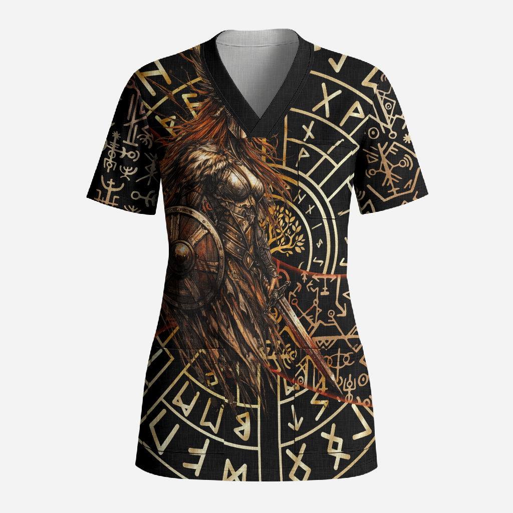 Viking Shieldmaiden and Yggdrasil Scrub Top Norse Rune Circle Mythology Illustration