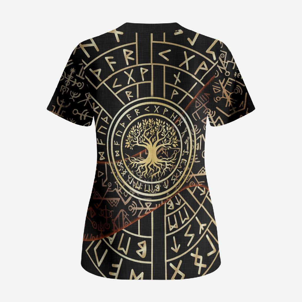 Viking Shieldmaiden and Yggdrasil Scrub Top Norse Rune Circle Mythology Illustration