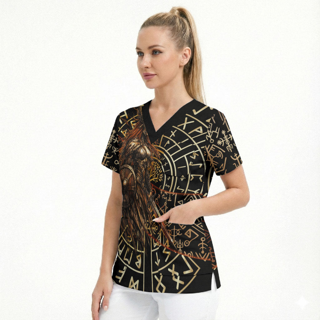 Viking Shieldmaiden and Yggdrasil Scrub Top Norse Rune Circle Mythology Illustration