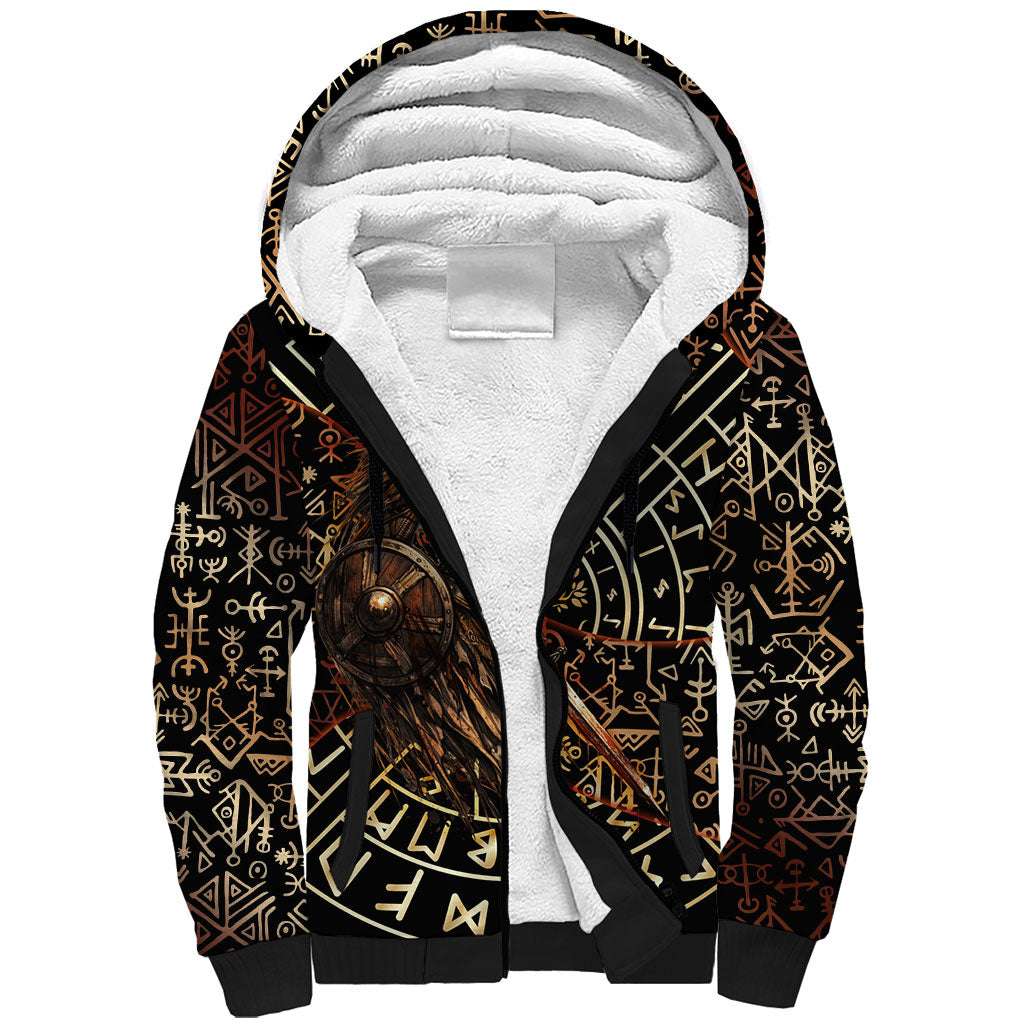 Viking Shieldmaiden and Yggdrasil Sherpa Hoodie Norse Rune Circle Mythology Illustration