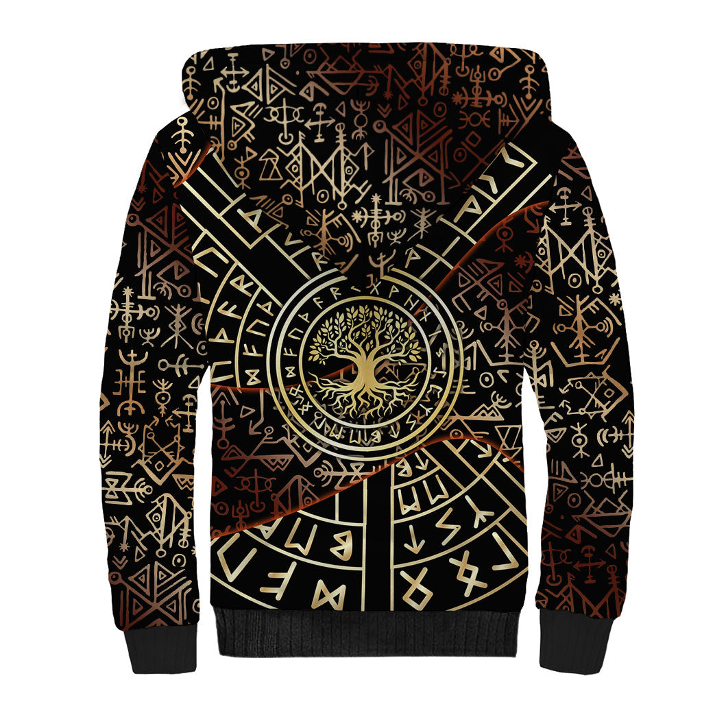 Viking Shieldmaiden and Yggdrasil Sherpa Hoodie Norse Rune Circle Mythology Illustration