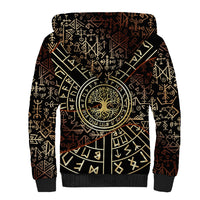 Viking Shieldmaiden and Yggdrasil Sherpa Hoodie Norse Rune Circle Mythology Illustration