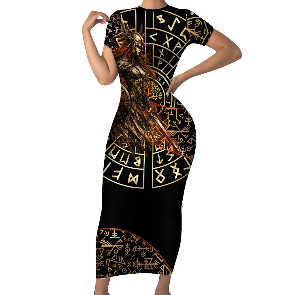Viking Shieldmaiden and Yggdrasil Short Sleeve Bodycon Dress Norse Rune Circle Mythology Illustration