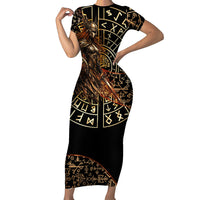Viking Shieldmaiden and Yggdrasil Short Sleeve Bodycon Dress Norse Rune Circle Mythology Illustration
