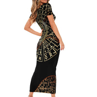 Viking Shieldmaiden and Yggdrasil Short Sleeve Bodycon Dress Norse Rune Circle Mythology Illustration