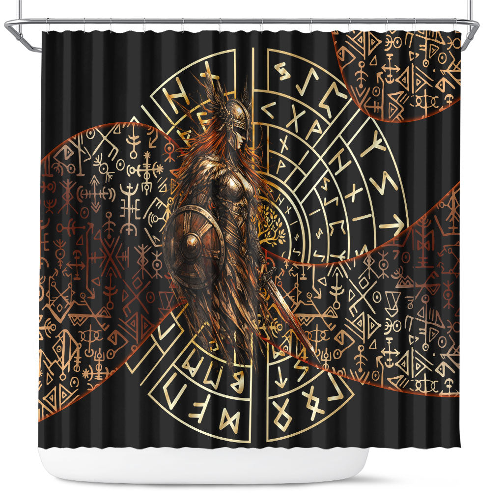 Viking Shieldmaiden and Yggdrasil Shower Curtain Norse Rune Circle Mythology Illustration
