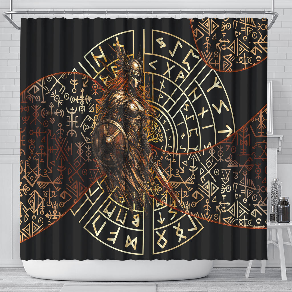 Viking Shieldmaiden and Yggdrasil Shower Curtain Norse Rune Circle Mythology Illustration