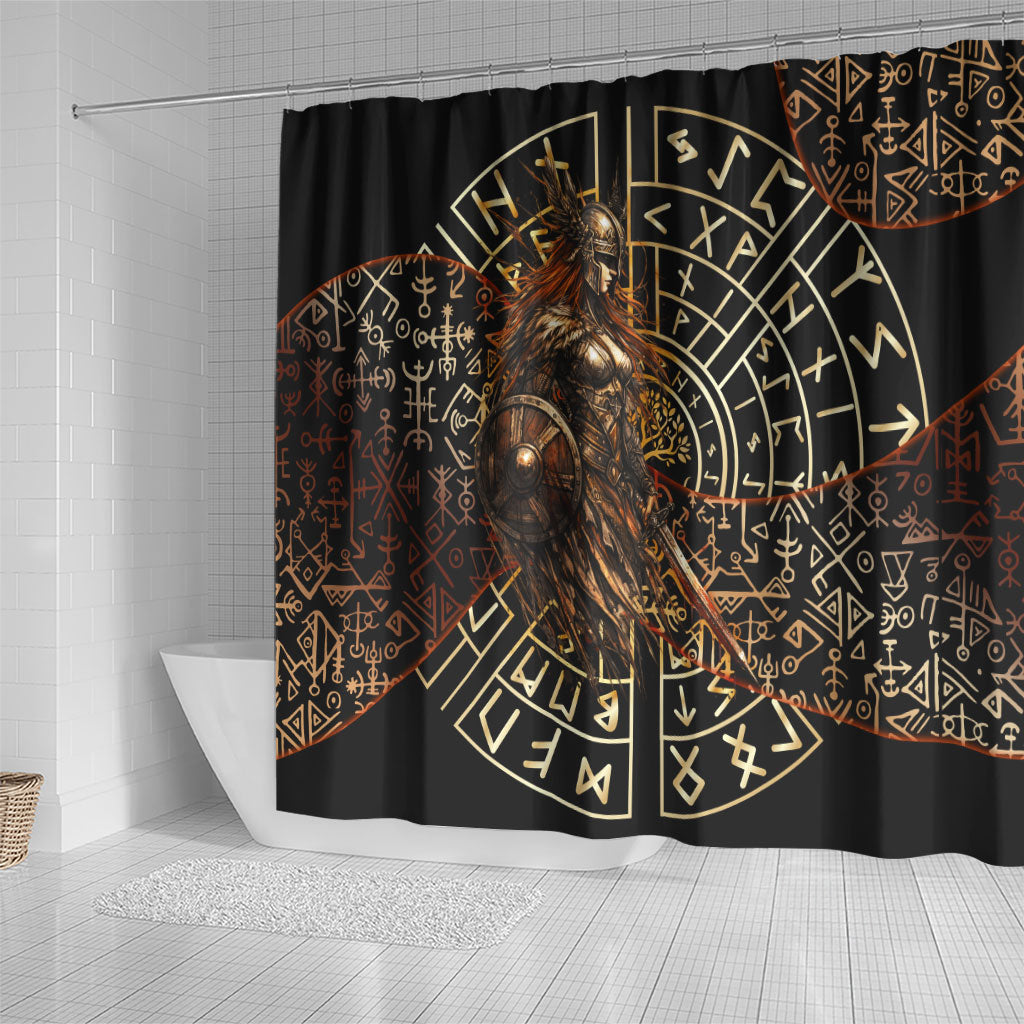 Viking Shieldmaiden and Yggdrasil Shower Curtain Norse Rune Circle Mythology Illustration
