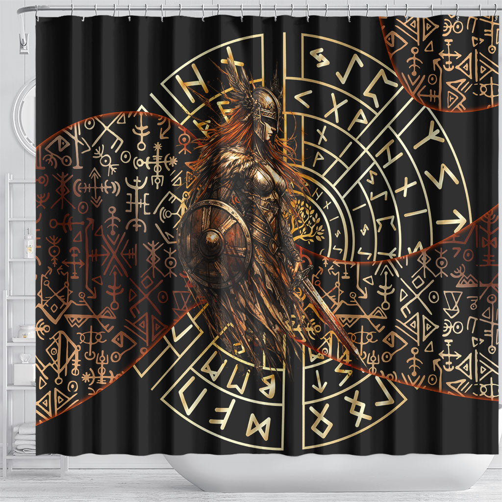 Viking Shieldmaiden and Yggdrasil Shower Curtain Norse Rune Circle Mythology Illustration