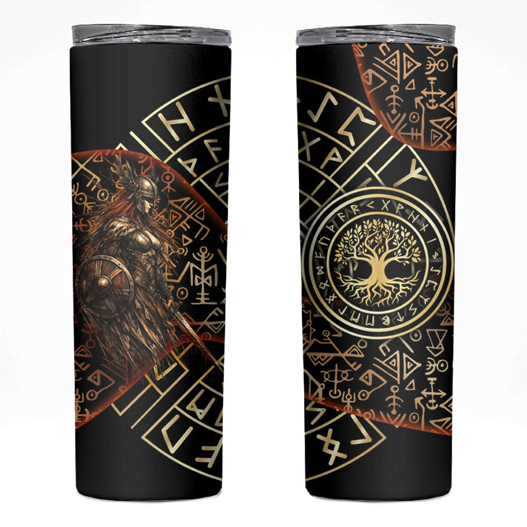 Viking Shieldmaiden and Yggdrasil Skinny Tumbler Norse Rune Circle Mythology Illustration