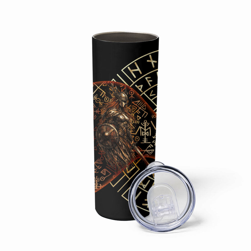 Viking Shieldmaiden and Yggdrasil Skinny Tumbler Norse Rune Circle Mythology Illustration