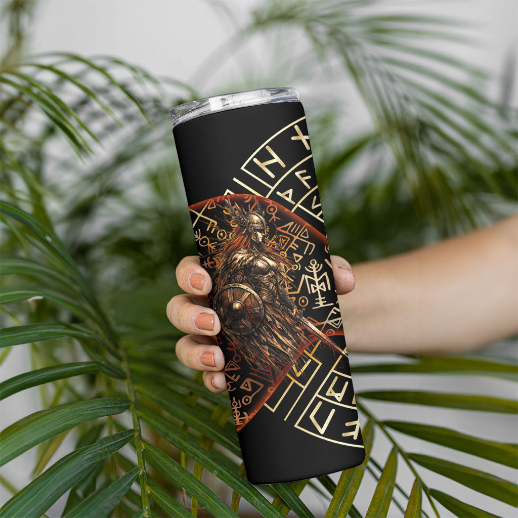 Viking Shieldmaiden and Yggdrasil Skinny Tumbler Norse Rune Circle Mythology Illustration