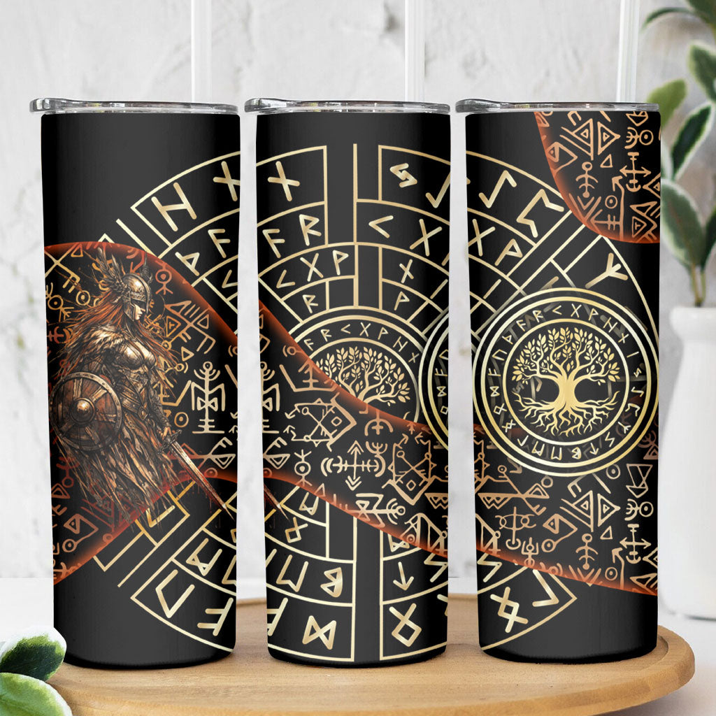 Viking Shieldmaiden and Yggdrasil Skinny Tumbler Norse Rune Circle Mythology Illustration