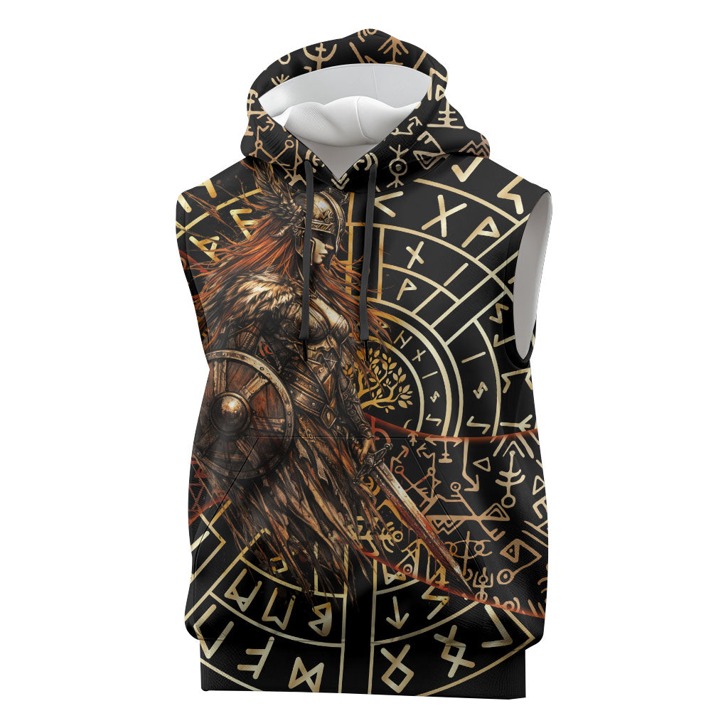 Viking Shieldmaiden and Yggdrasil Sleeveless Hoodie Norse Rune Circle Mythology Illustration
