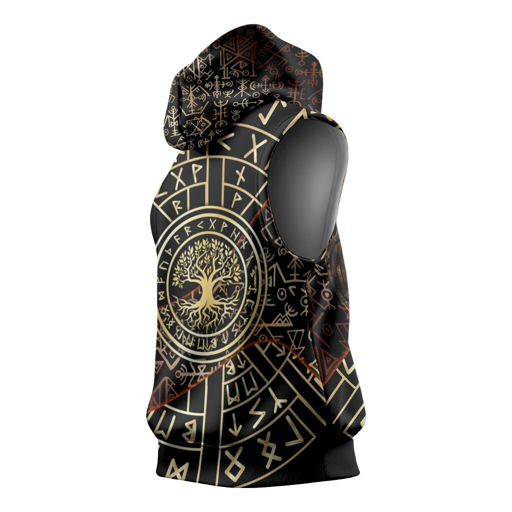 Viking Shieldmaiden and Yggdrasil Sleeveless Hoodie Norse Rune Circle Mythology Illustration