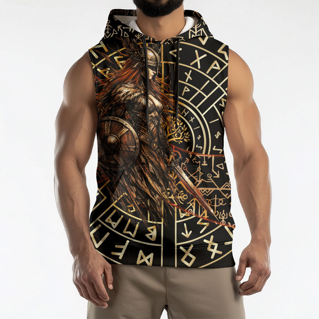 Viking Shieldmaiden and Yggdrasil Sleeveless Hoodie Norse Rune Circle Mythology Illustration