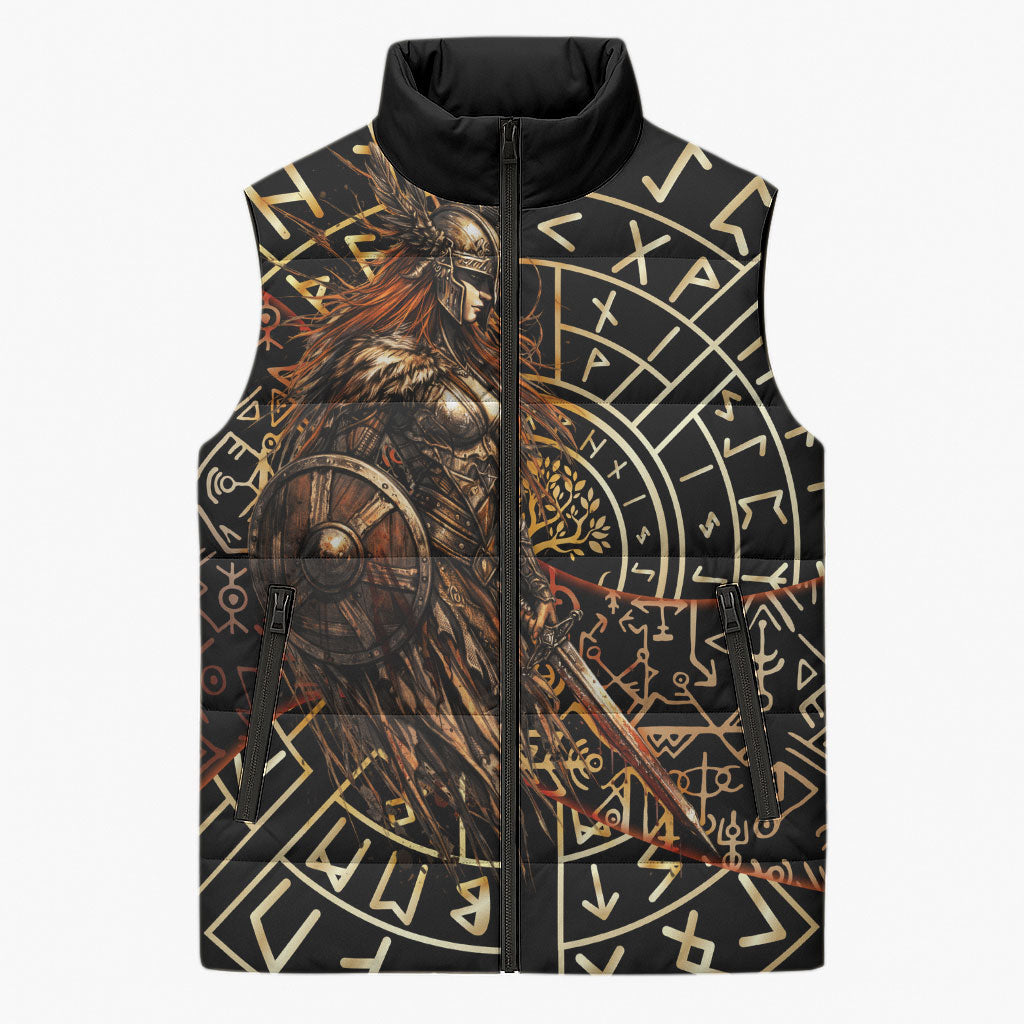 Viking Shieldmaiden and Yggdrasil Sleeveless Puffer Jacket Norse Rune Circle Mythology Illustration
