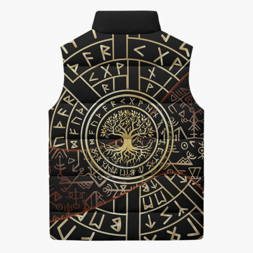 Viking Shieldmaiden and Yggdrasil Sleeveless Puffer Jacket Norse Rune Circle Mythology Illustration