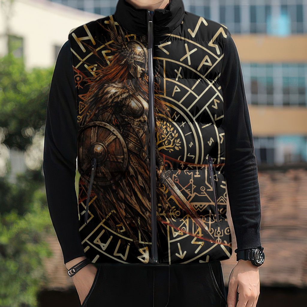 Viking Shieldmaiden and Yggdrasil Sleeveless Puffer Jacket Norse Rune Circle Mythology Illustration