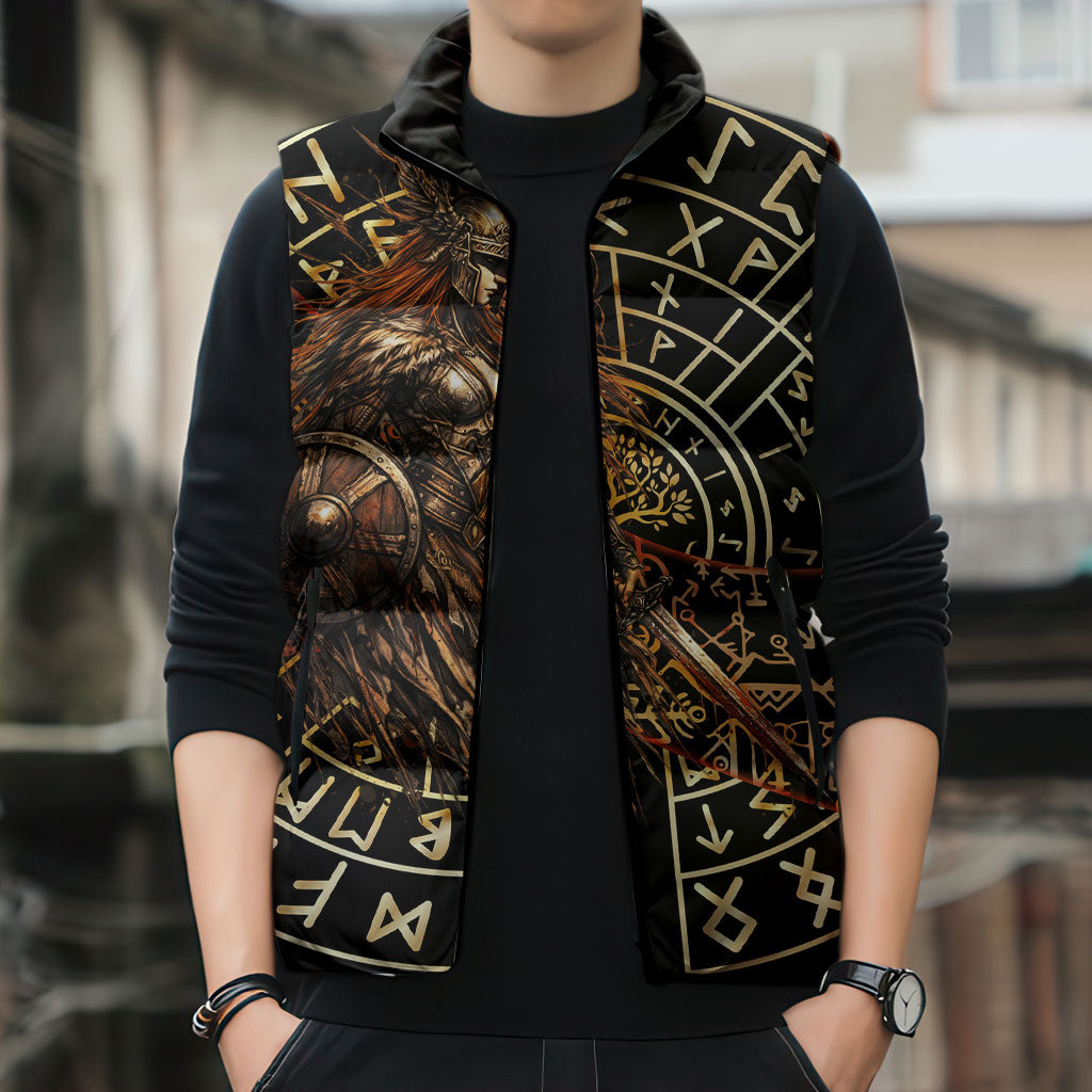 Viking Shieldmaiden and Yggdrasil Sleeveless Puffer Jacket Norse Rune Circle Mythology Illustration