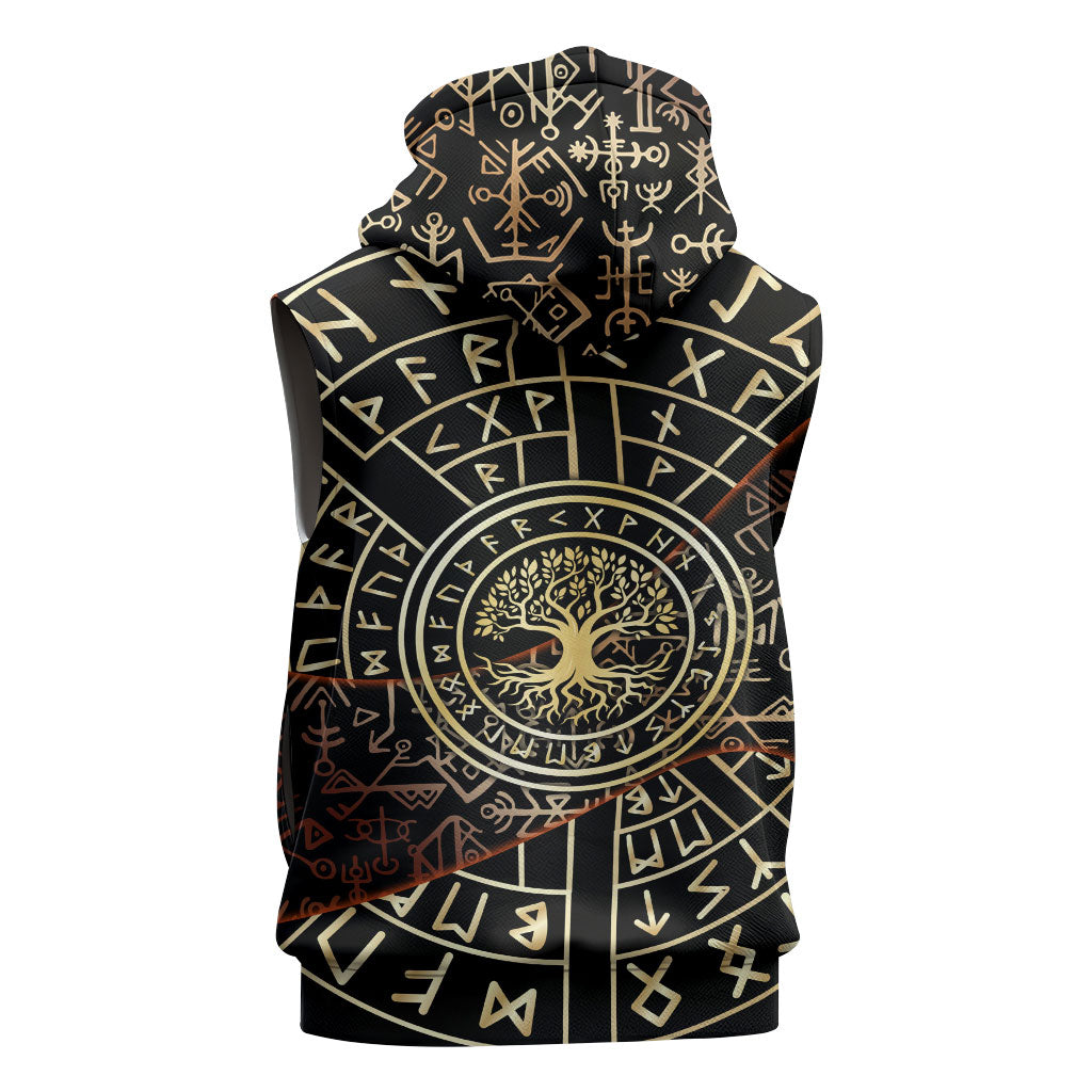 Viking Shieldmaiden and Yggdrasil Sleeveless Zip Hoodie Norse Rune Circle Mythology Illustration