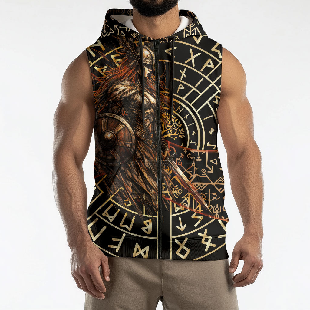 Viking Shieldmaiden and Yggdrasil Sleeveless Zip Hoodie Norse Rune Circle Mythology Illustration