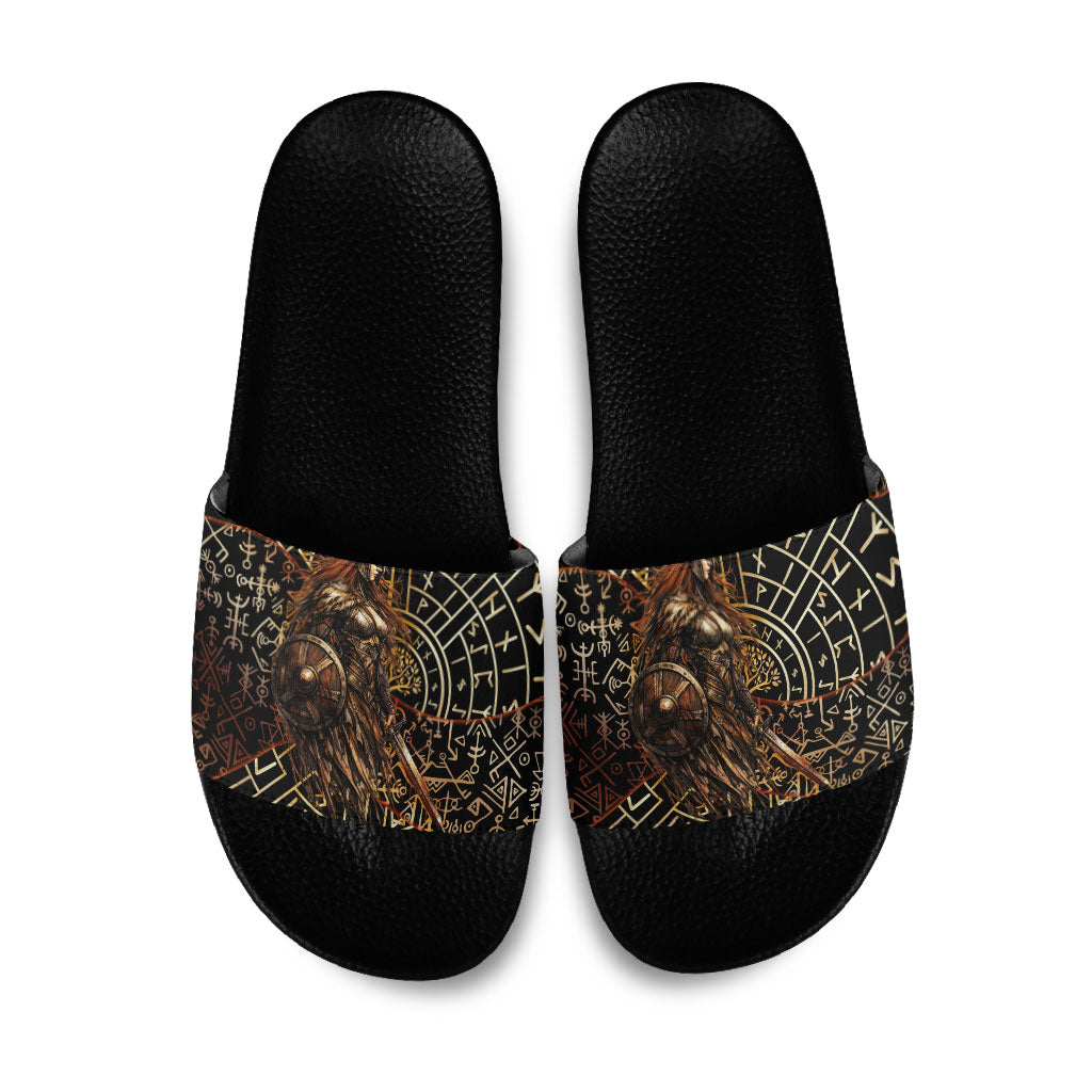 Viking Shieldmaiden and Yggdrasil Slide Sandals Norse Rune Circle Mythology Illustration