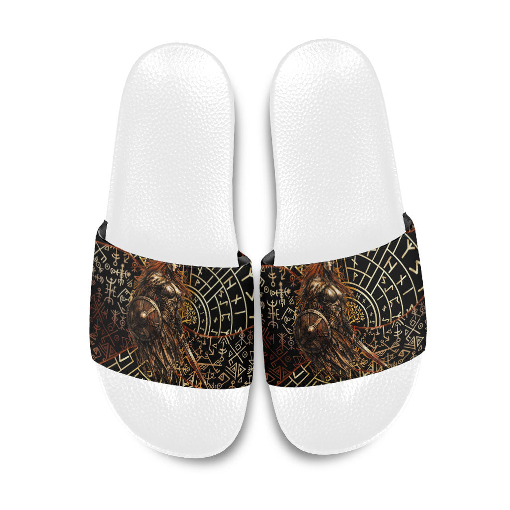 Viking Shieldmaiden and Yggdrasil Slide Sandals Norse Rune Circle Mythology Illustration