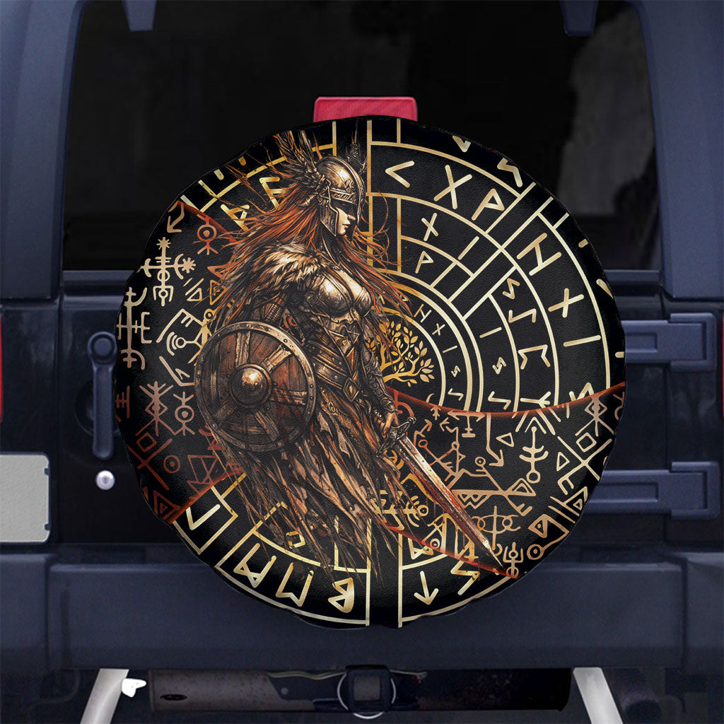 Viking Shieldmaiden and Yggdrasil Spare Tire Cover Norse Rune Circle Mythology Illustration