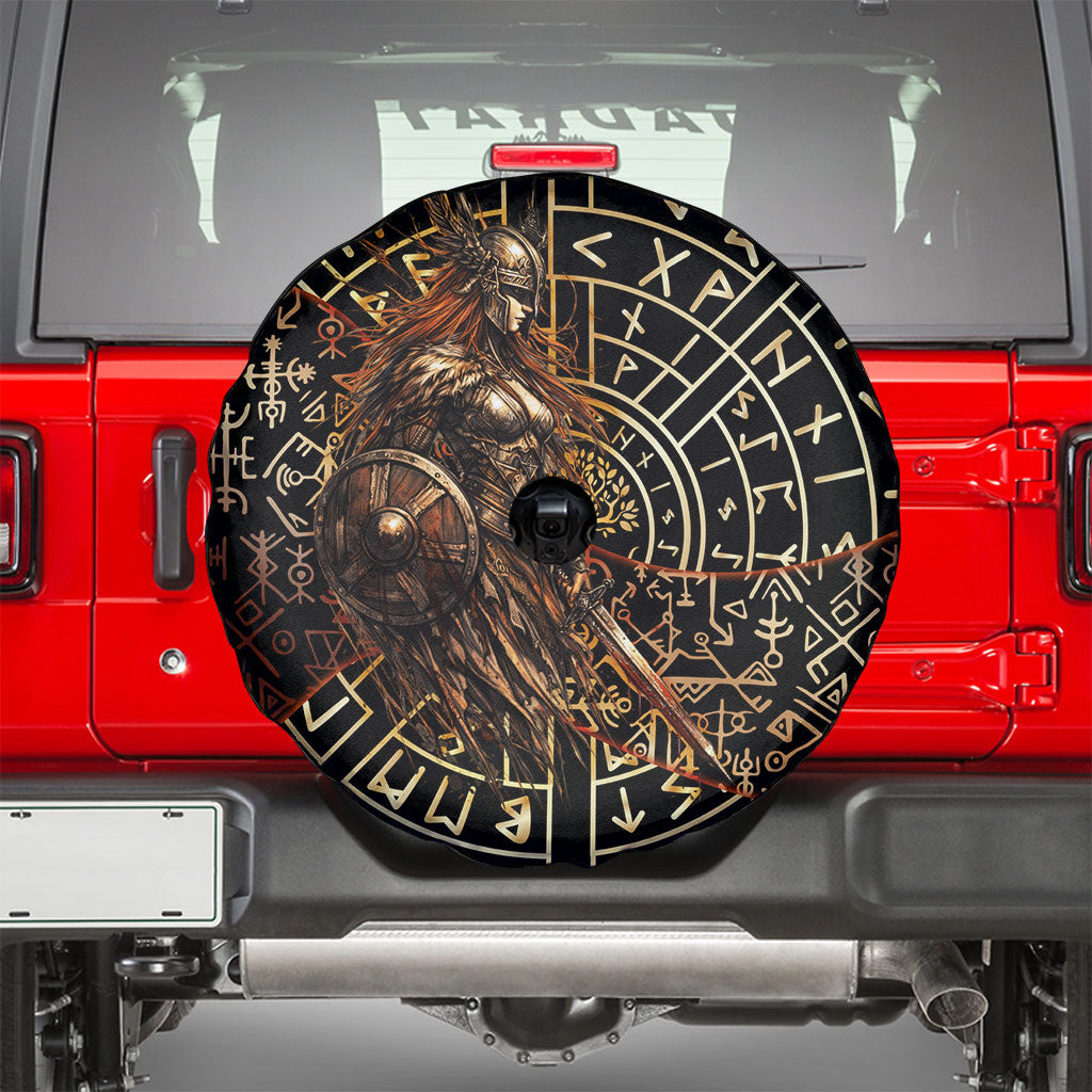 Viking Shieldmaiden and Yggdrasil Spare Tire Cover Norse Rune Circle Mythology Illustration