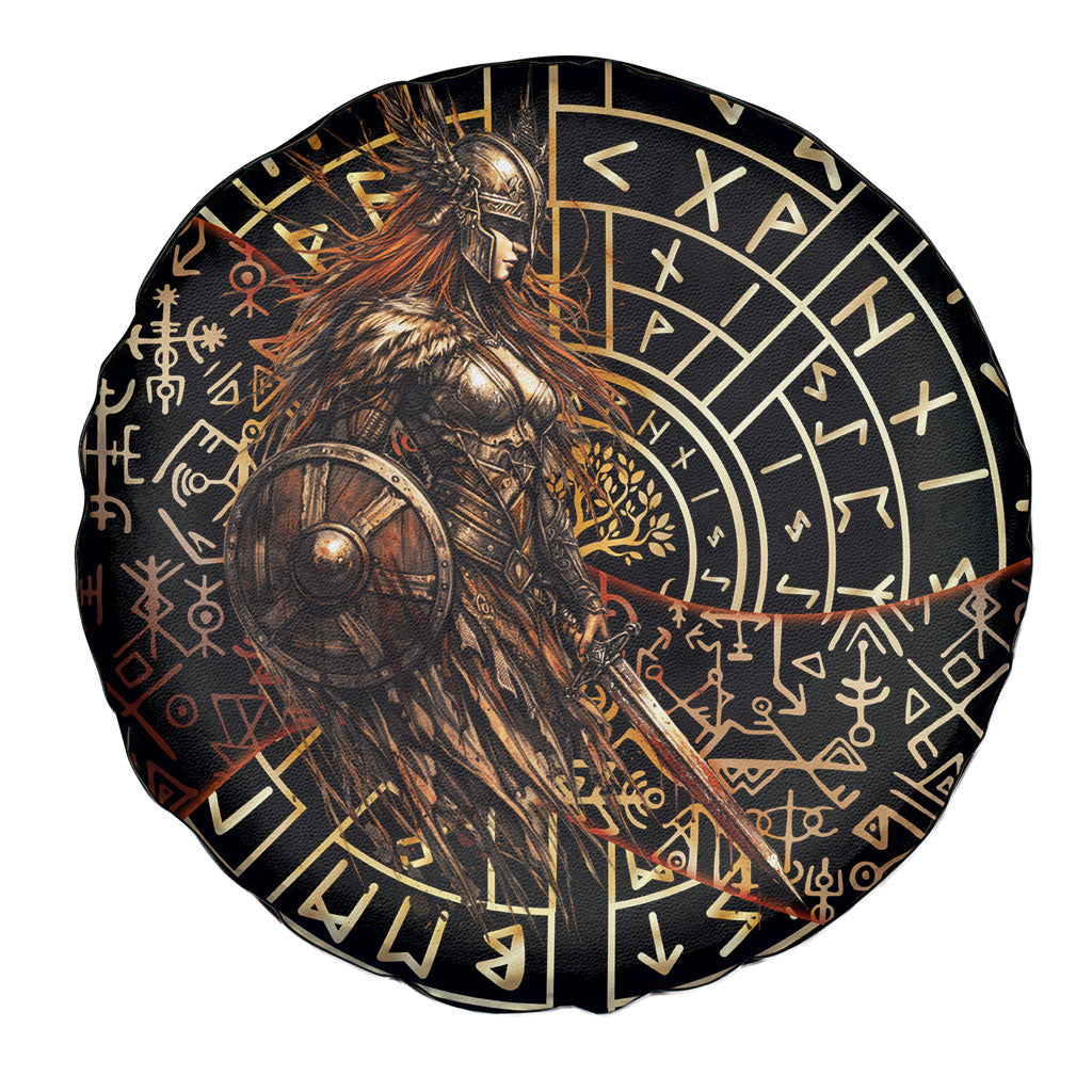 Viking Shieldmaiden and Yggdrasil Spare Tire Cover Norse Rune Circle Mythology Illustration