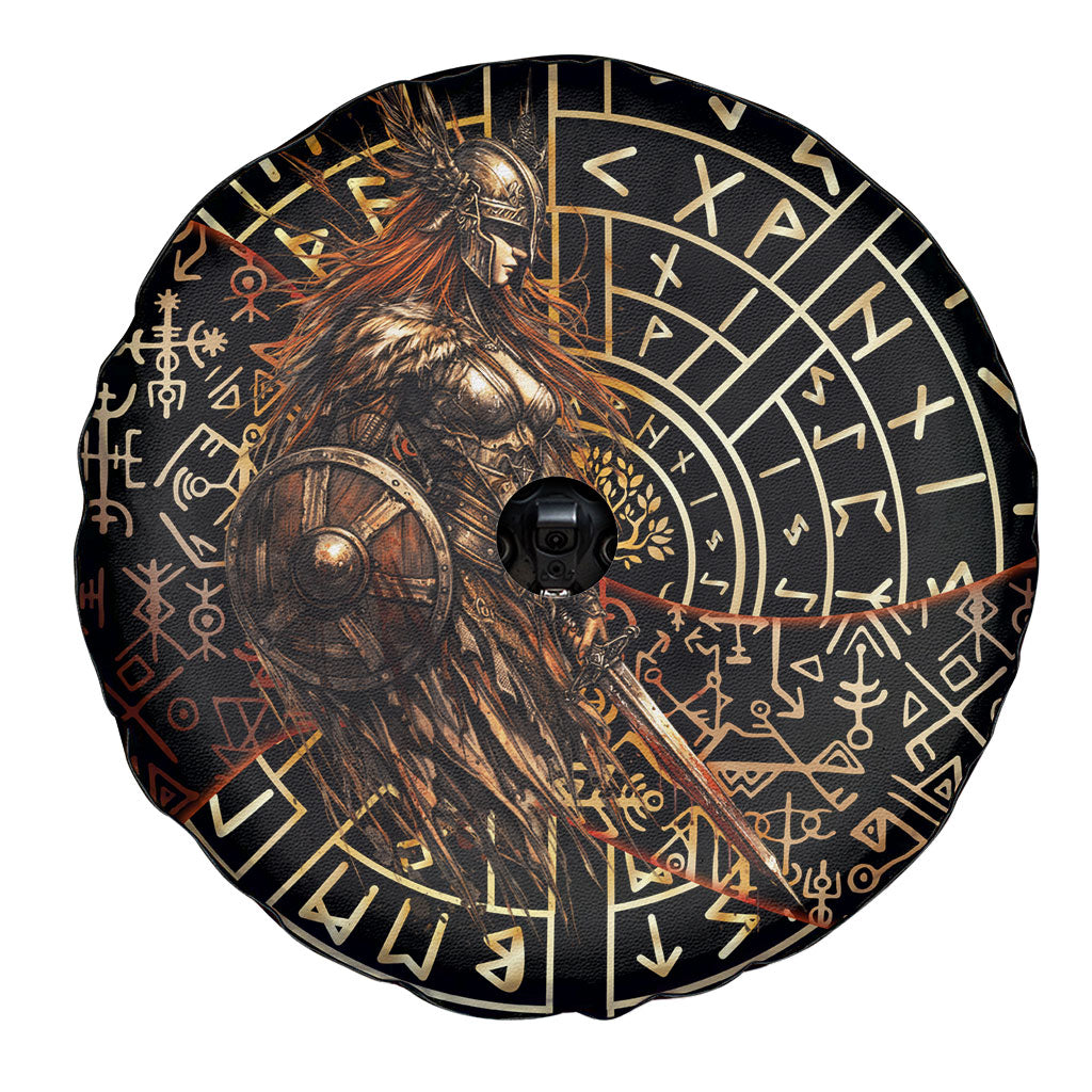 Viking Shieldmaiden and Yggdrasil Spare Tire Cover Norse Rune Circle Mythology Illustration