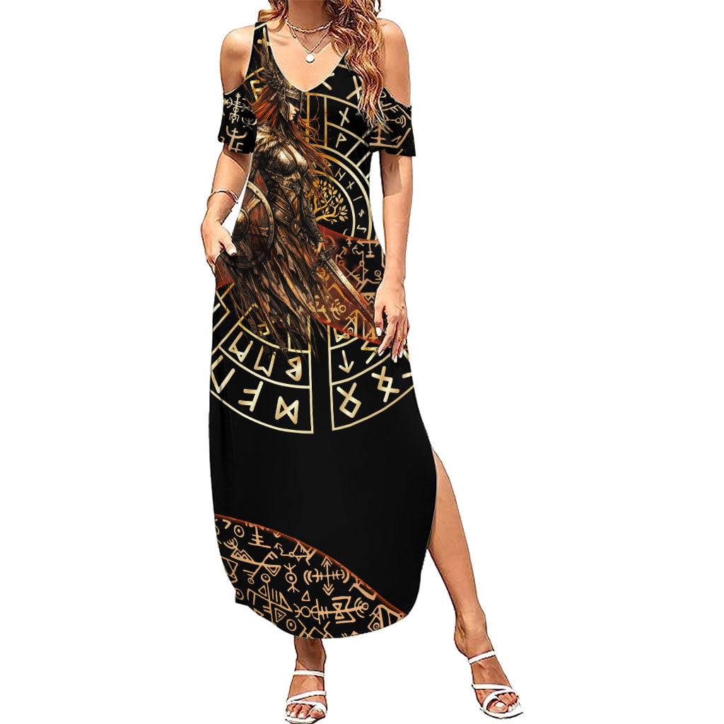 Viking Shieldmaiden and Yggdrasil Summer Maxi Dress Norse Rune Circle Mythology Illustration