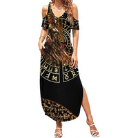 Viking Shieldmaiden and Yggdrasil Summer Maxi Dress Norse Rune Circle Mythology Illustration