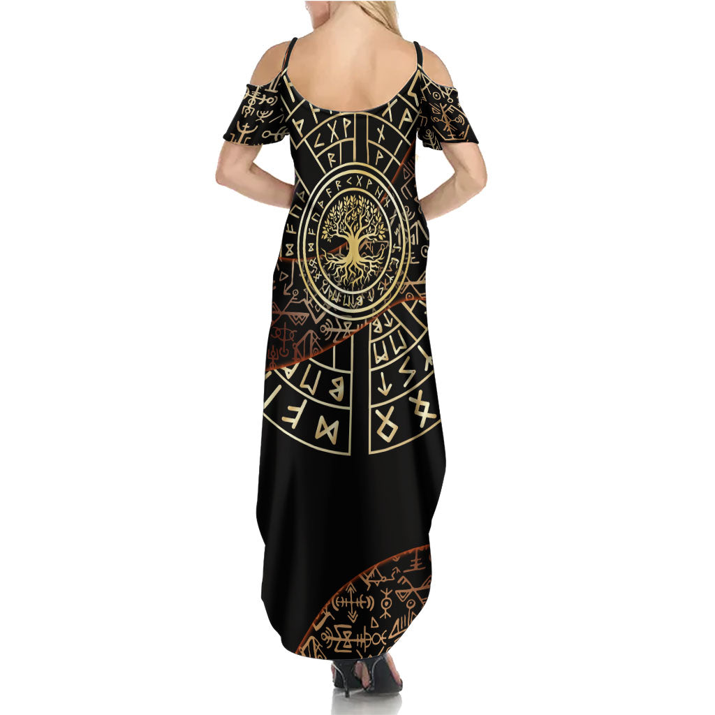 Viking Shieldmaiden and Yggdrasil Summer Maxi Dress Norse Rune Circle Mythology Illustration