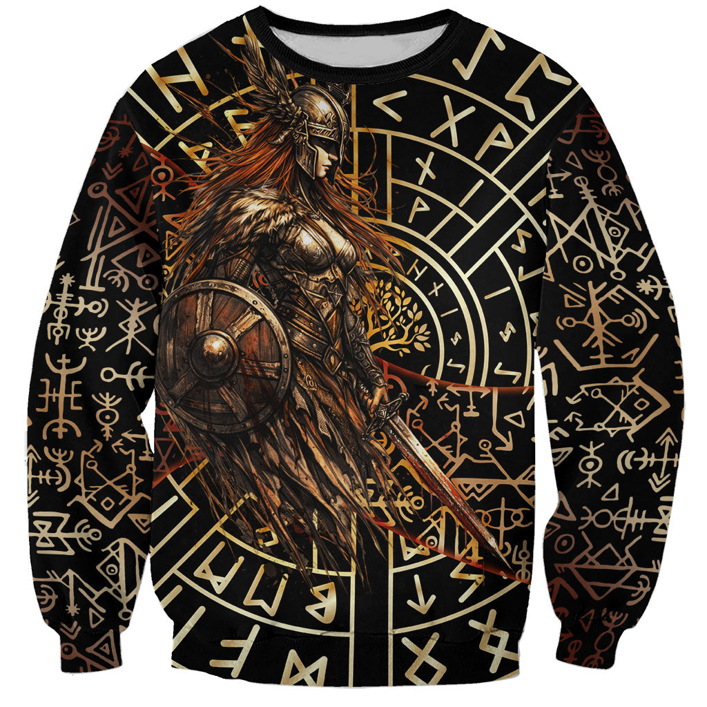 Viking Shieldmaiden and Yggdrasil Sweatshirt Norse Rune Circle Mythology Illustration