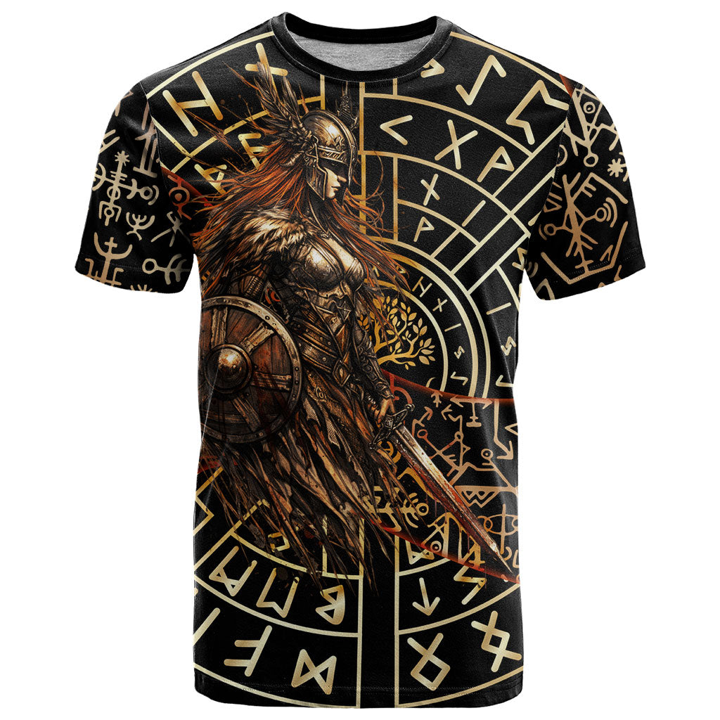 Viking Shieldmaiden and Yggdrasil T Shirt Norse Rune Circle Mythology Illustration