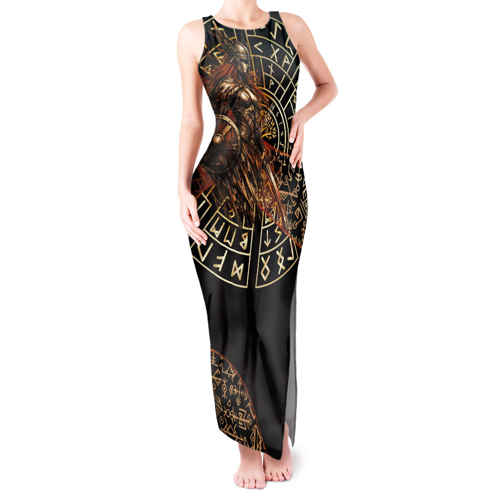 Viking Shieldmaiden and Yggdrasil Tank Maxi Dress Norse Rune Circle Mythology Illustration