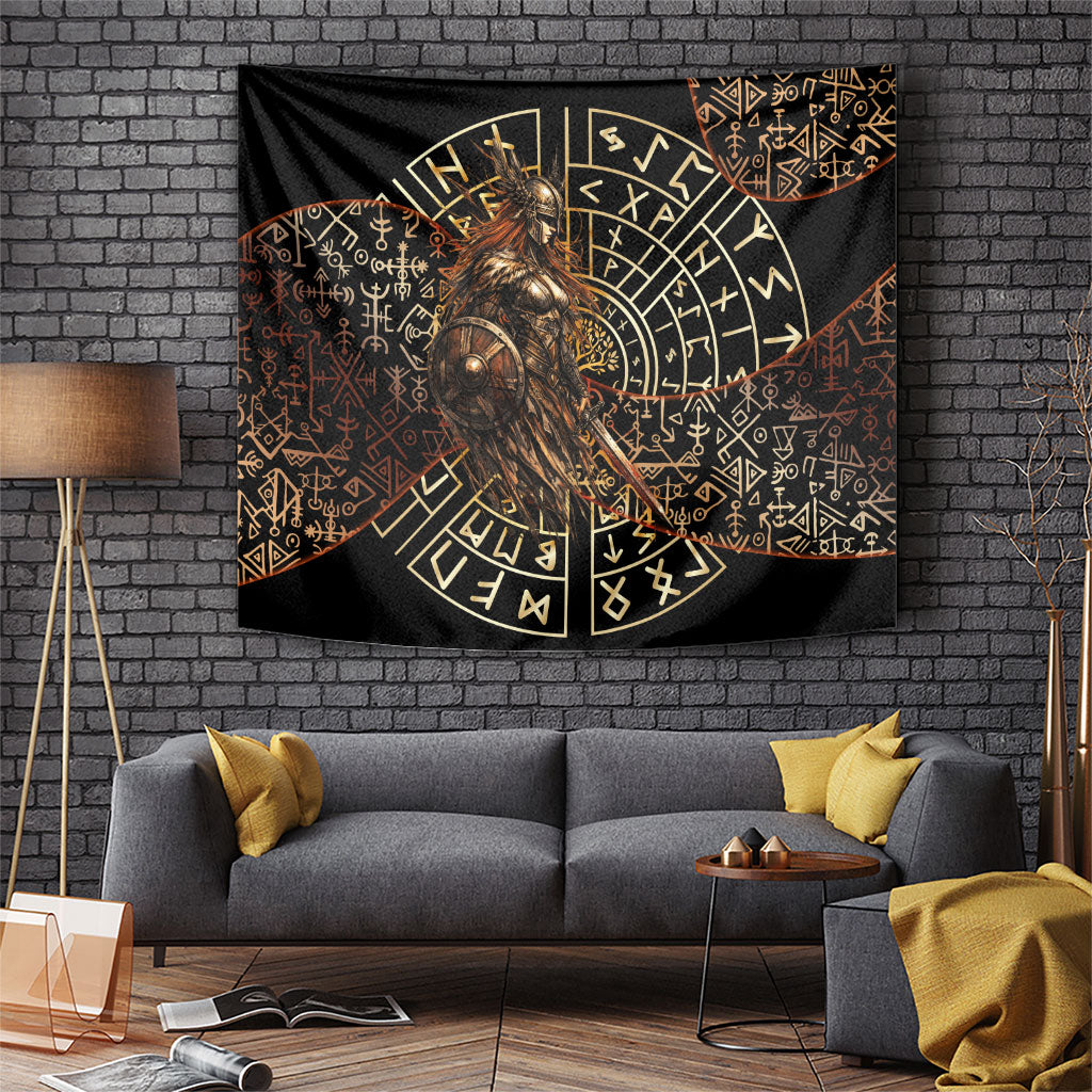 Viking Shieldmaiden and Yggdrasil Tapestry Norse Rune Circle Mythology Illustration