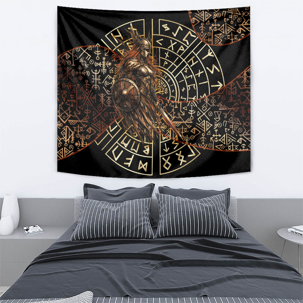 Viking Shieldmaiden and Yggdrasil Tapestry Norse Rune Circle Mythology Illustration