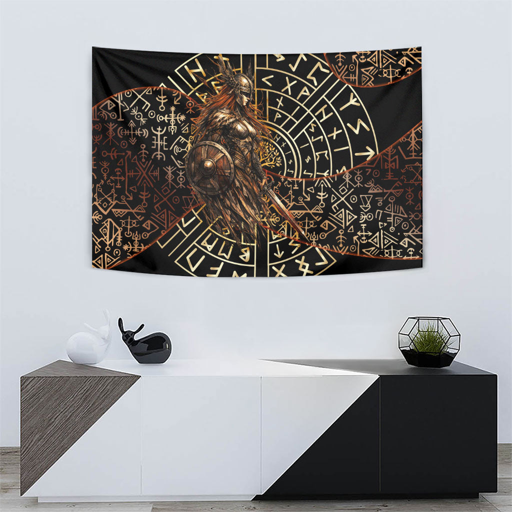 Viking Shieldmaiden and Yggdrasil Tapestry Norse Rune Circle Mythology Illustration