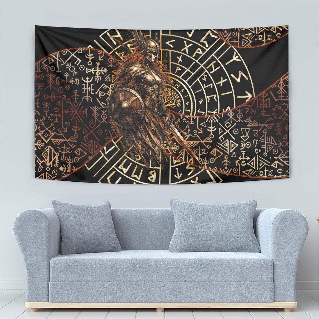 Viking Shieldmaiden and Yggdrasil Tapestry Norse Rune Circle Mythology Illustration
