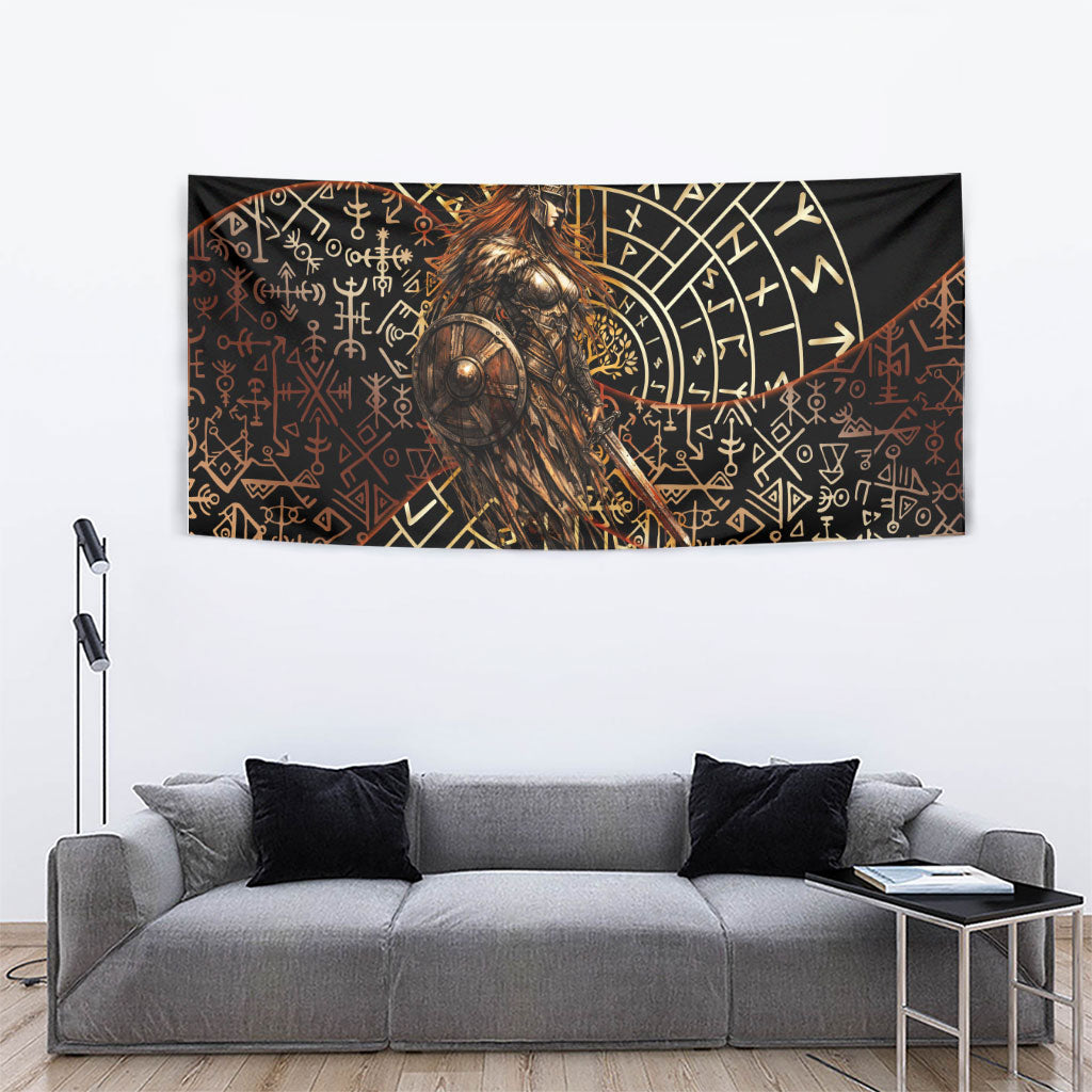 Viking Shieldmaiden and Yggdrasil Tapestry Norse Rune Circle Mythology Illustration