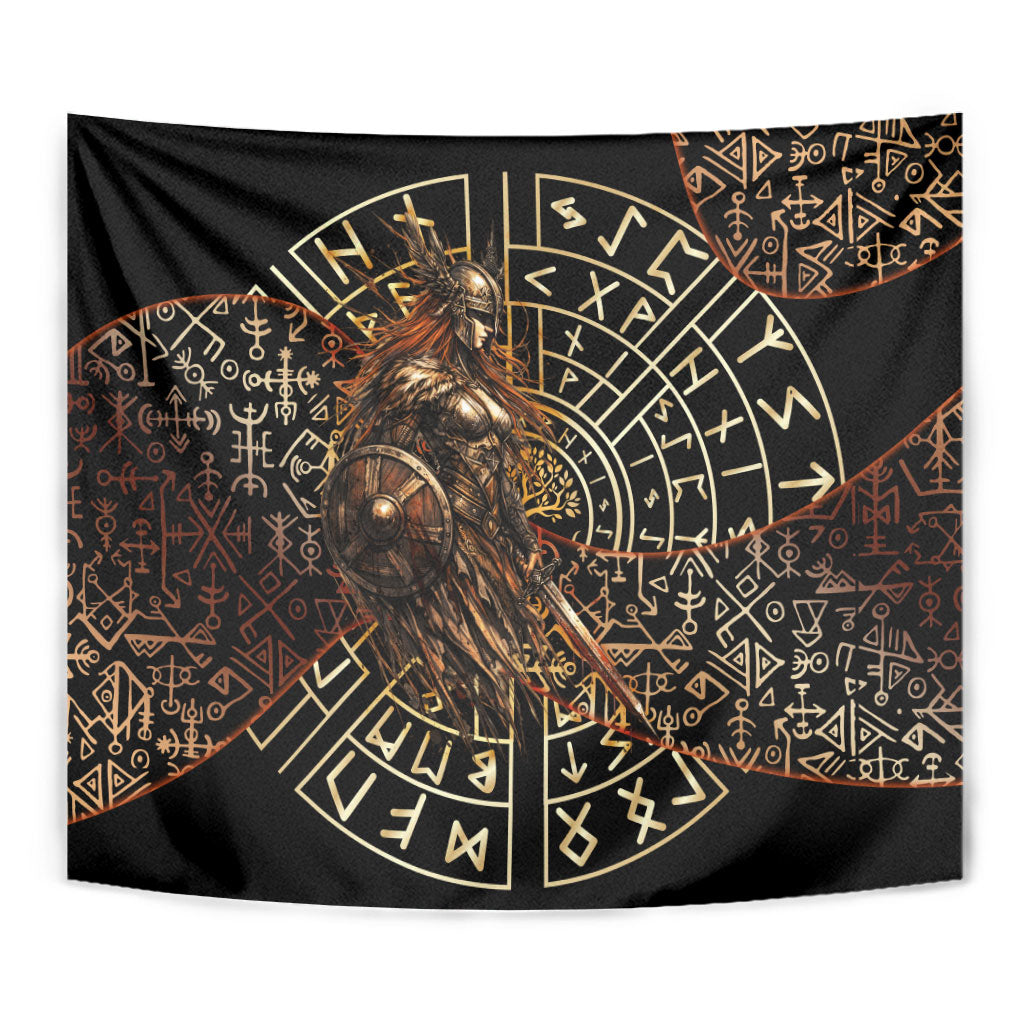 Viking Shieldmaiden and Yggdrasil Tapestry Norse Rune Circle Mythology Illustration
