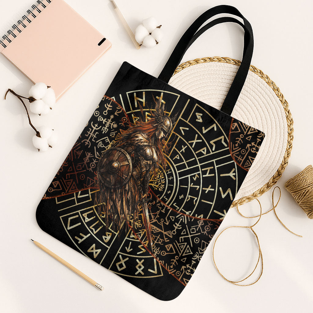 Viking Shieldmaiden and Yggdrasil Tote Bag Norse Rune Circle Mythology Illustration
