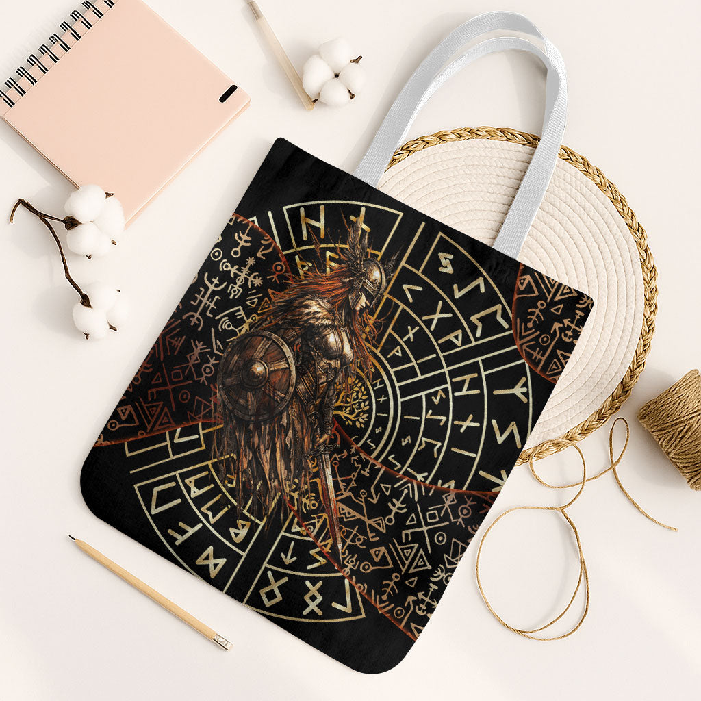 Viking Shieldmaiden and Yggdrasil Tote Bag Norse Rune Circle Mythology Illustration